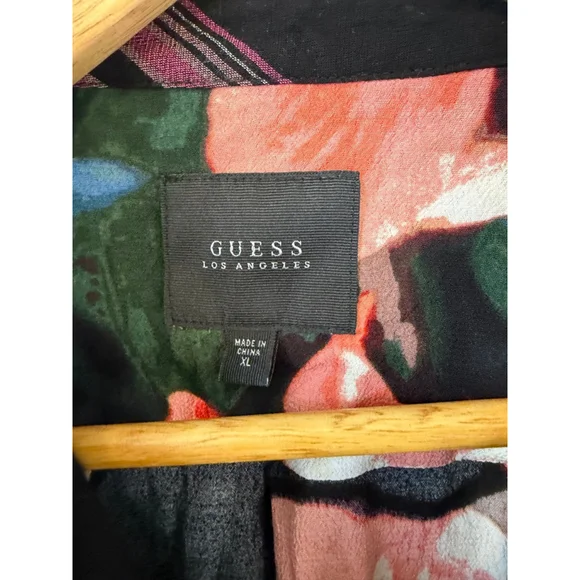 Guess Los Angeles Plaid Floral Blouse Womens XL Black Pink Button Down - Picture 10 of 10